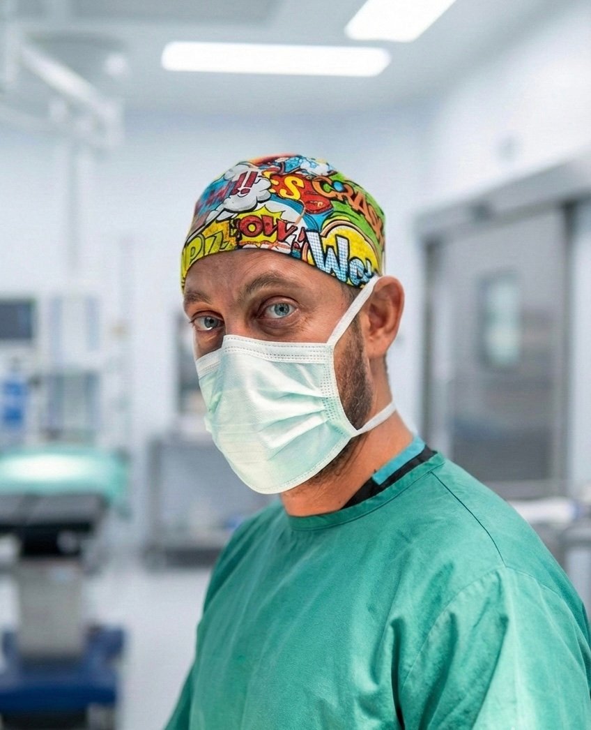 Dr. Mert Meral in surgical cap and mask, in the operating theatre