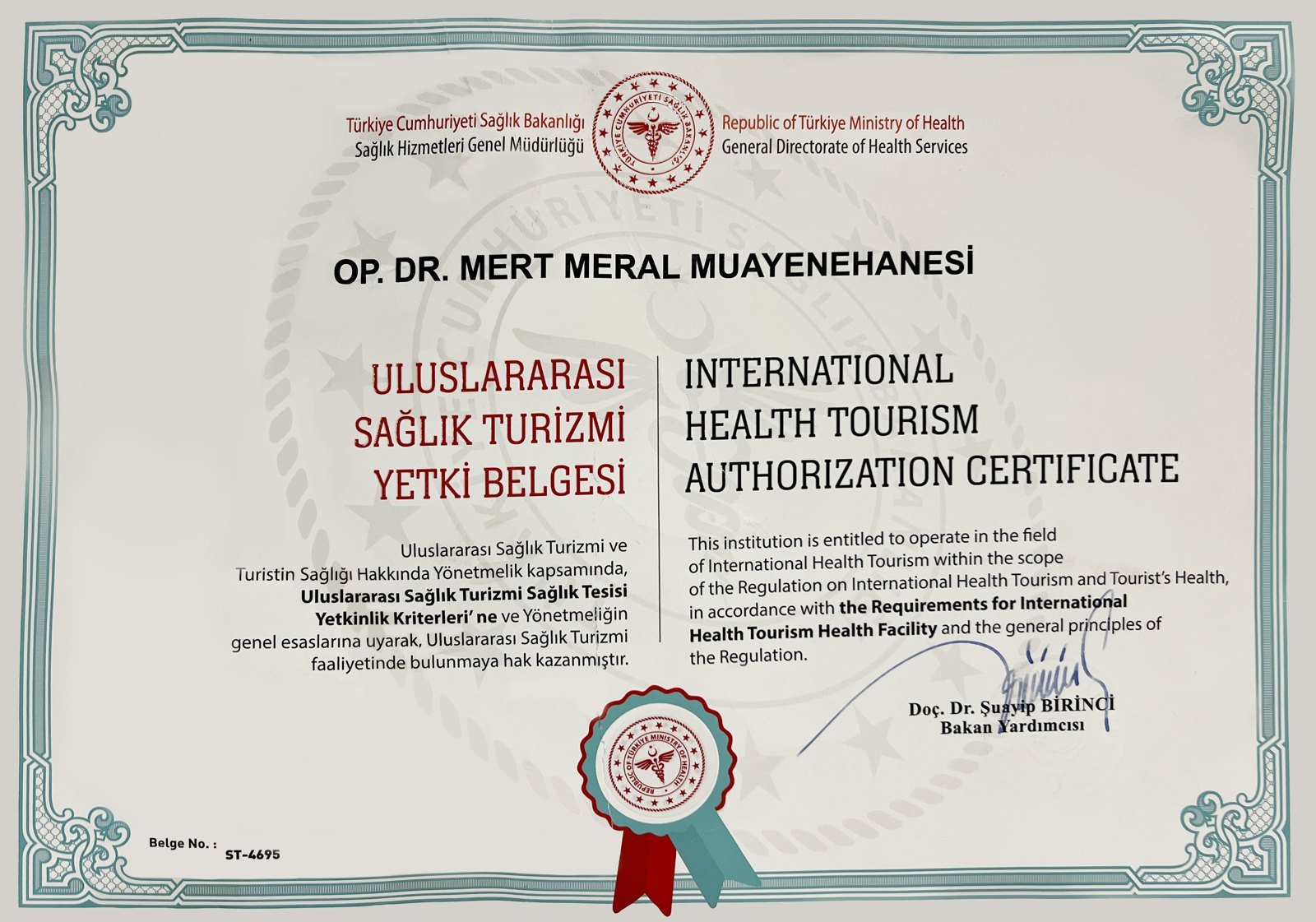 International Health Tourism Authorization Certificate No. ST-4695, issued to Op. Dr. Mert Meral Muayenehanesi